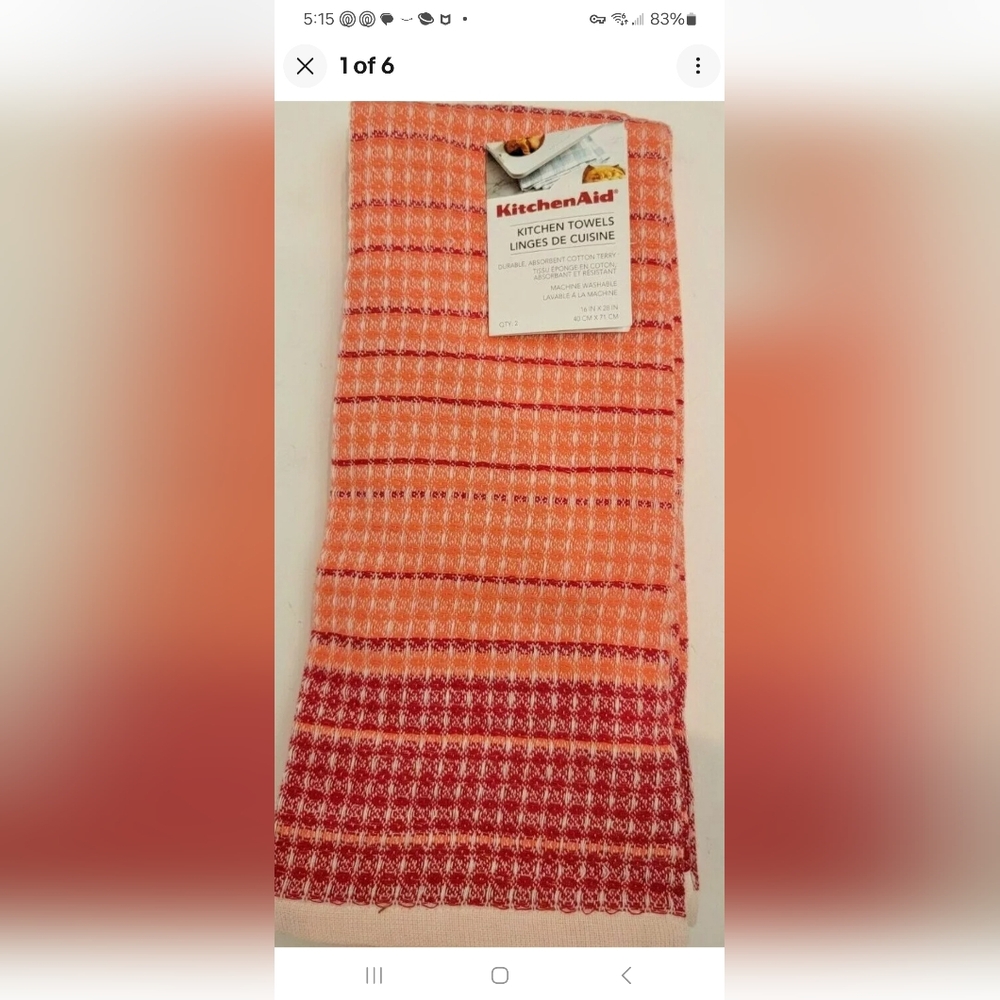 KitchenAid Kitchen Tea/Dish Towels Red, White & Orange Stripes 100% Cotton New
